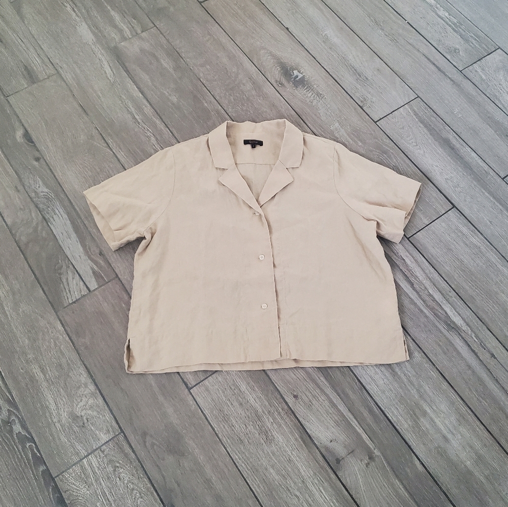 Quince 100% linen beige natural collard short sleeve cropped shirt size L
